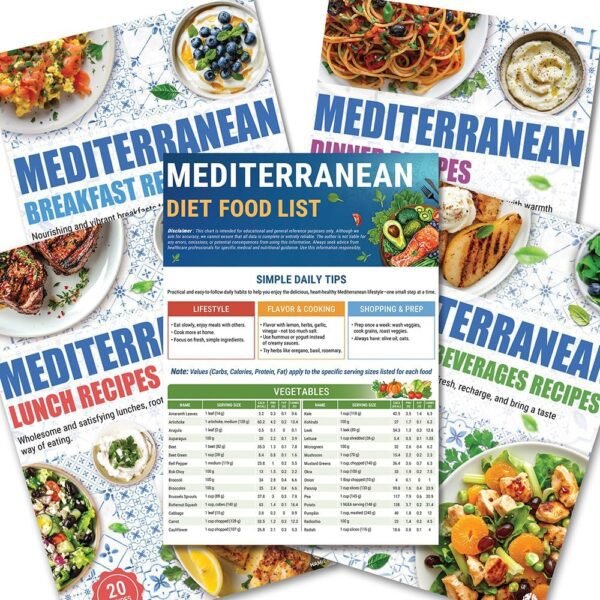 HAMIEW 5 Pack Mediterranean Diet Chart Food List 2026, 80+ Easy Meal Planner Recipes for Beginner (Laminated), Mediterranean Ingredient Meal Plan, Serving Sizes Calories Net Carbs, Diabetes-Friendly