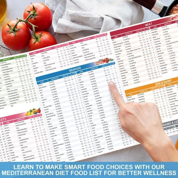 HAMIEW 5 Pack Mediterranean Diet Chart Food List 2026, 80+ Easy Meal Planner Recipes for Beginner (Laminated), Mediterranean Ingredient Meal Plan, Serving Sizes Calories Net Carbs, Diabetes-Friendly