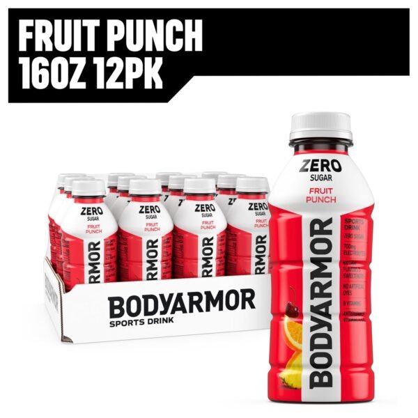 BODYARMOR ZERO Sugar Fruit Punch Electrolyte Drink, Natural Flavors, 16 Fl Oz Bottles (12 Pack), B Vitamins & Antioxidants Sugar Free Hydration