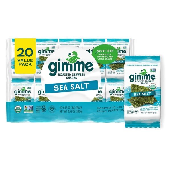 Gimme Seaweed Organic Premium Roasted Seaweed Snacks, Sea Salt, 20 Gimme Seaweed Organic Premium Roasted Seaweed Snacks, Sea Salt, 20 Count, Keto, Vegan, Gluten-Free, Great Source of Omega3s and Iodine, Healthy On-The-Go Snack for Kids and Adults