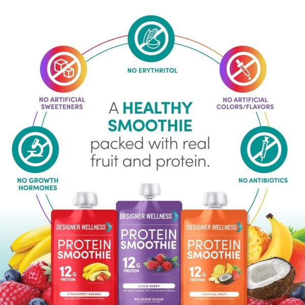 Designer Wellness Protein Smoothie, Real Fruit, 12g Protein, Low Carb, Zero Added Sugar, Gluten-Free, Non-GMO, No Artificial Colors or Flavors, Variety Pack, 12 Count