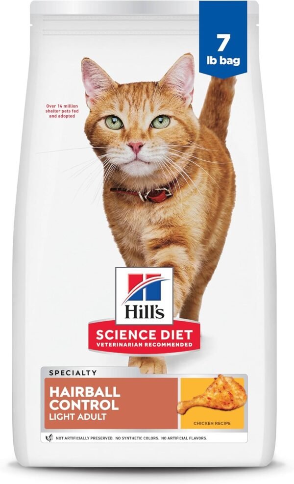 Hill's Science Diet Hairball Control Light, Adult 1-6, Weight Management & Hairball Control Support, Dry Cat Food, Chicken Recipe, 7 lb Bag
