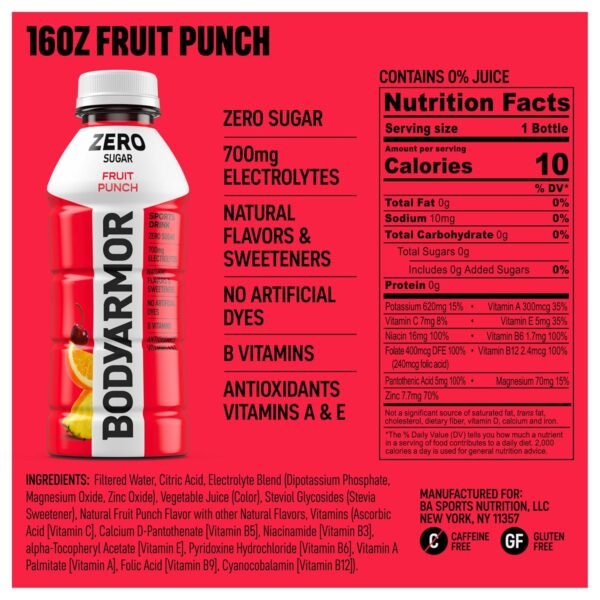 BODYARMOR ZERO Sugar Fruit Punch Electrolyte Drink, Natural Flavors, 16 Fl Oz Bottles (12 Pack), B Vitamins & Antioxidants Sugar Free Hydration