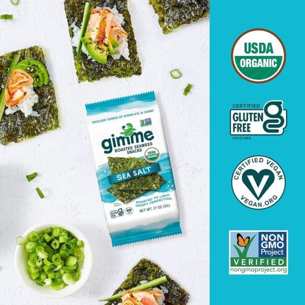 81dXV0ud9cL._SL1500_.jpg Gimme Seaweed Organic Premium Roasted Seaweed Snacks, Sea Salt, 20 Count, Keto, Vegan, Gluten-Free, Great Source of Omega3s and Iodine, Healthy On-The-Go Snack for Kids and Adults