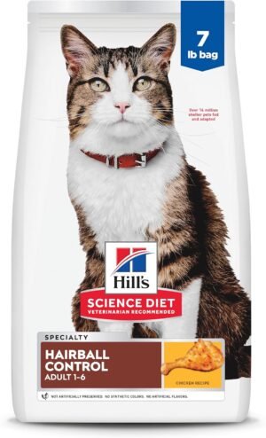 Hill's Science Diet Hairball Control, Adult 1-6, Hairball Control Support, Dry Cat Food, Chicken Recipe, 7 lb Bag
