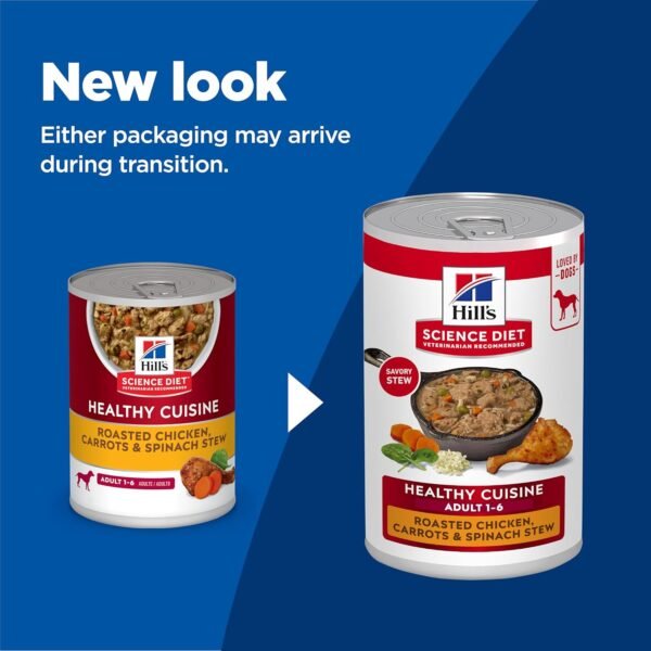 81vtr-DEQzL._AC_SL1500_.jpg Hill's Science Diet Healthy Cuisine, Adult 1-6, Great Taste, Wet Dog Food, Roasted Chicken, Carrots & Spinach Stew, 12.5 oz Can, Case of 12