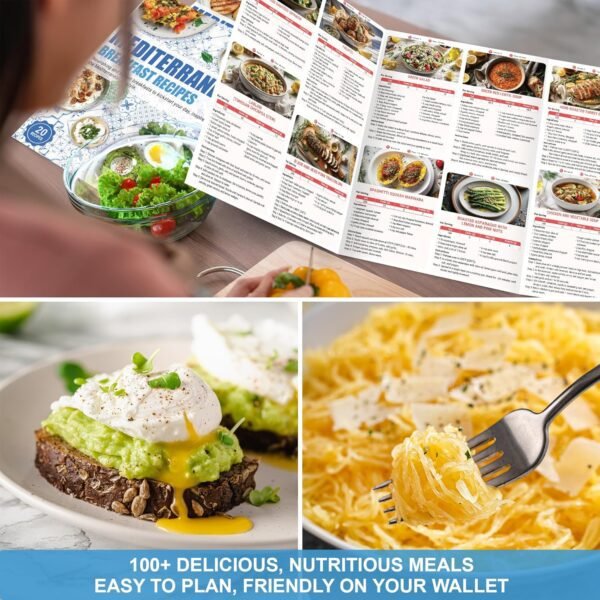 HAMIEW 5 Pack Mediterranean Diet Chart Food List 2026, 80+ Easy Meal Planner Recipes for Beginner (Laminated), Mediterranean Ingredient Meal Plan, Serving Sizes Calories Net Carbs, Diabetes-Friendly