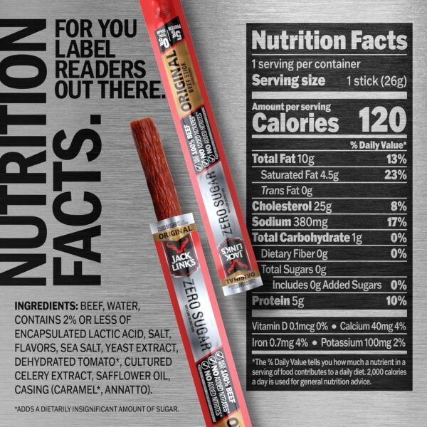 91KH0pfuL9L._SL1500_.jpg Jack Link's Original Zero Sugar Beef Sticks - (20 Pack) 0.92 oz Meat Sticks - Ready to Eat Protein Snacks - 5g Protein per Serving - Made with 100% Real Beef