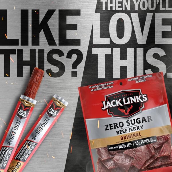 91bhmh-cDL._SL1500_.jpg Jack Link's Original Zero Sugar Beef Sticks - (20 Pack) 0.92 oz Meat Sticks - Ready to Eat Protein Snacks - 5g Protein per Serving - Made with 100% Real Beef