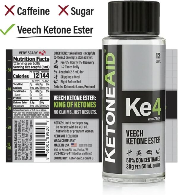 KetoneAid Ke4 Ketone Ester Concentrate | Not a Ketone Salt, No Sugar, No Caffeine | Exogenous D-BHB Ester | 12 Serving Per Bottle (1 Count)