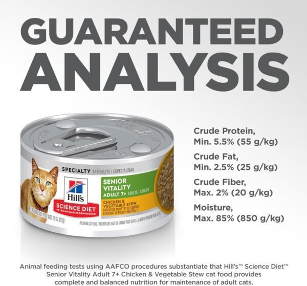 Hill's Science Diet Senior Vitality Adult 7+, Senior Premium Nutrition, Wet Cat Food, Chicken & Vegetable Stew, 2.9 oz. Cans, 24-Pack