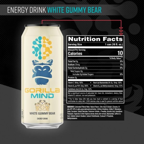 Gorilla Mind Energy Drink | Unmatched Energy · Amplified Focus | N-Acetyl-L-Tyrosine, Alpha-GPC, 200mg Caffeine, Uridine, Saffron | 0 Sugar Or Artificial Colors | 16oz, 12-Pack (White Gummy Bear)
