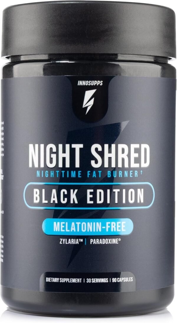 Night Shred Black Melatonin-Free Nighttime Fat Burner and Sleep Support Supplement - GABA Complex with Ashwagandha, CLA, Grains of Paradise, and Zylaria - Thermogenic Fat Burner - 90 Vegan Capsules
