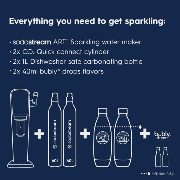 SodaStream - ART Sparkling Water Maker | VALUE BUNDLE | CQC CO2 system | Includes 2x CO2 Cylinders, 2x 32 Fl Oz Dishwasher Safe Bottles, 2x Bubly Flavor Drops | Combine with Pepsi Flavors | Black