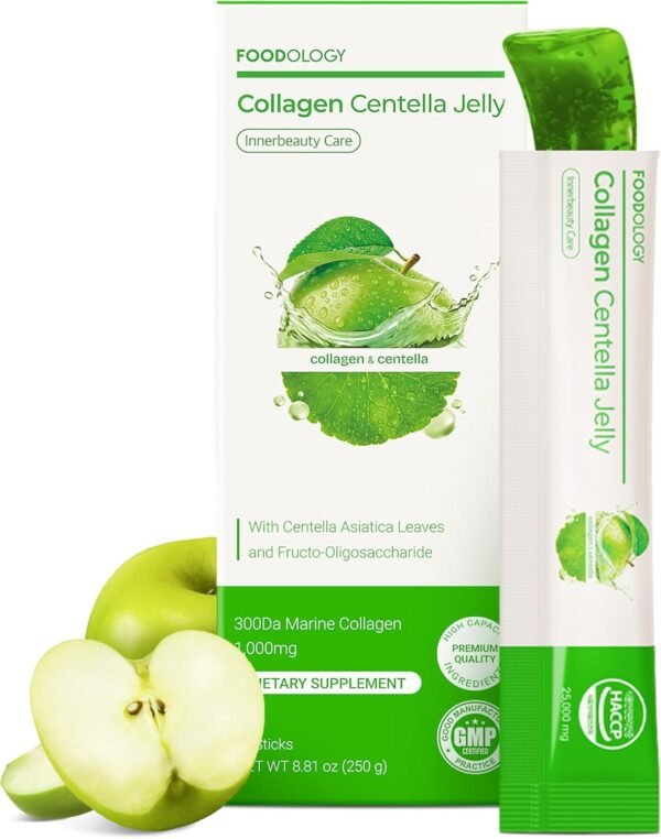 FOODOLOGY Collagen Centella Jelly (Green Apple) – Collagen Peptide with PDRN – Biotin, Vitamin A & E for Skin Glow, Hair & Nails – Korean Beauty Supplement – 10 Sticks