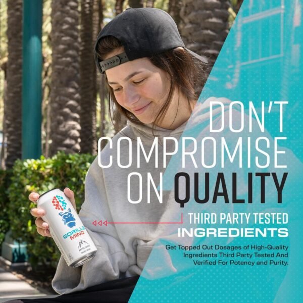 Gorilla Mind Energy Drink | Unmatched Energy · Amplified Focus | N-Acetyl-L-Tyrosine, Alpha-GPC, 200mg Caffeine, Uridine, Saffron | 0 Sugar Or Artificial Colors | 16oz, 12-Pack (White Gummy Bear)