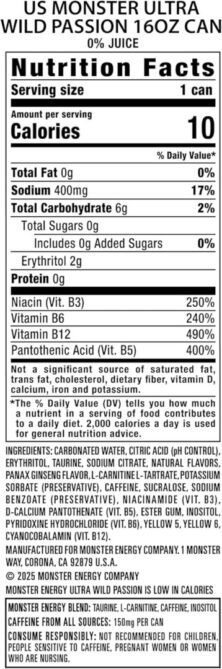 Monster Energy Ultra Wild Passion, Sugar Free Energy Drink, 16 Ounce (Pack of 15)