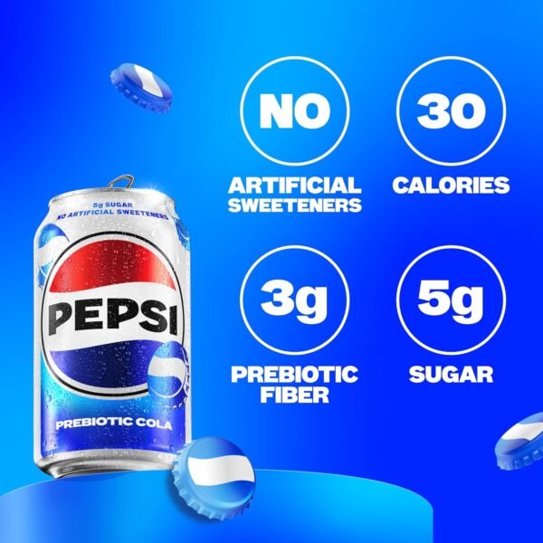Pepsi Prebiotic Cola, 12 fl oz Cans (8 Pack), 30 Calories, 5g Prebiotic Fiber, 5g Sugar, Soda Pop
