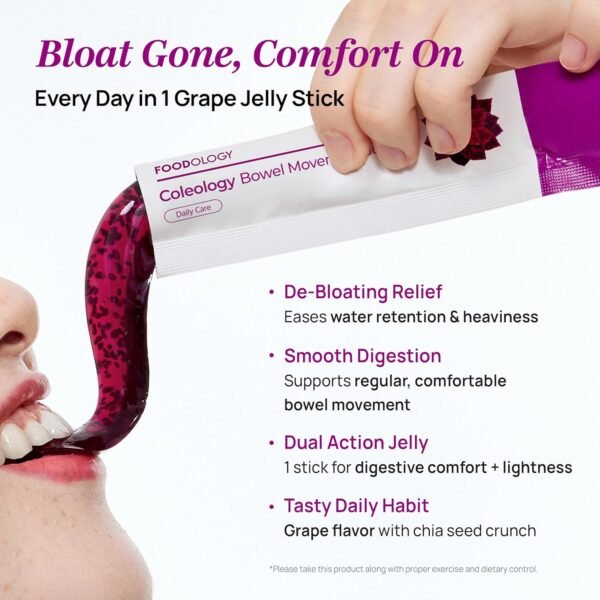 FOODOLOGY Coleology Bowel Movement Jelly (Grape & Prune) – Prebiotic Fiber Supplement for Gut Health & Daily Regularity, Chia Seeds, Korean Supplement – 10 Sticks