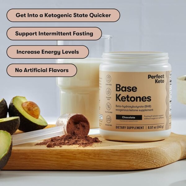Perfect Keto Exogenous Ketones Powder, BHB Salts for Ketosis & Fasting Support, Electrolytes for Hydration, Caffeine Free Energy, Chocolate, 8.57 oz