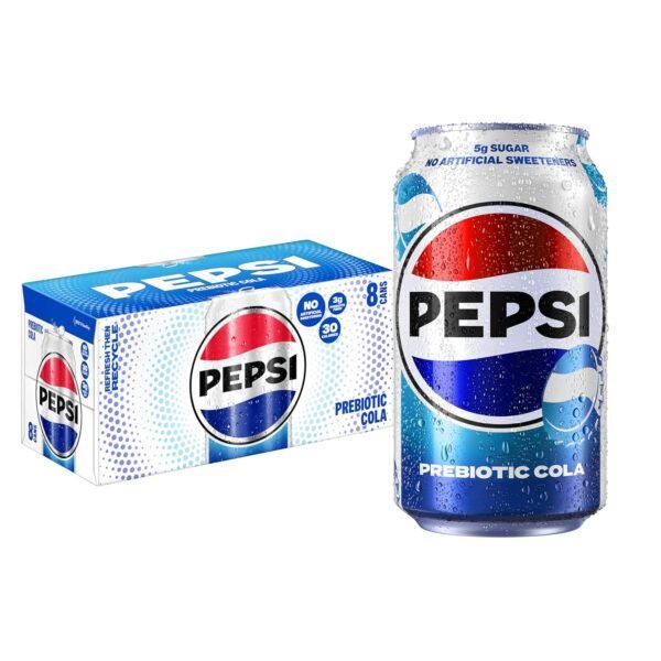 Pepsi Prebiotic Cola, 12 fl oz Cans (8 Pack), 30 Calories, 5g Prebiotic Fiber, 5g Sugar, Soda Pop