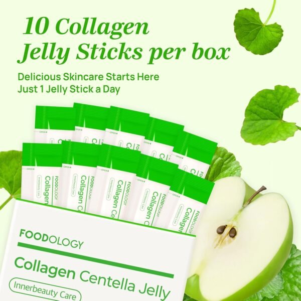 FOODOLOGY Collagen Centella Jelly (Green Apple) – Collagen Peptide with PDRN – Biotin, Vitamin A & E for Skin Glow, Hair & Nails – Korean Beauty Supplement – 10 Sticks