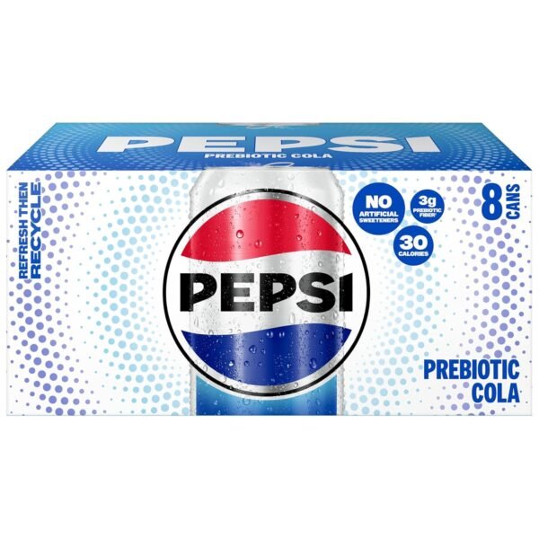 Pepsi Prebiotic Cola, 12 fl oz Cans (8 Pack), 30 Calories, 5g Prebiotic Fiber, 5g Sugar, Soda Pop