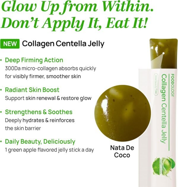 FOODOLOGY Collagen Centella Jelly (Green Apple) – Collagen Peptide with PDRN – Biotin, Vitamin A & E for Skin Glow, Hair & Nails – Korean Beauty Supplement – 10 Sticks