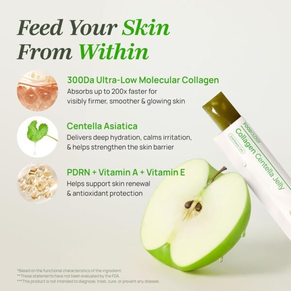 FOODOLOGY Collagen Centella Jelly (Green Apple) – Collagen Peptide with PDRN – Biotin, Vitamin A & E for Skin Glow, Hair & Nails – Korean Beauty Supplement – 10 Sticks