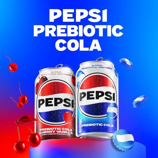 Pepsi Prebiotic Cola, 12 fl oz Cans (8 Pack), 30 Calories, 5g Prebiotic Fiber, 5g Sugar, Soda Pop