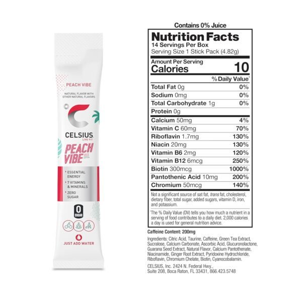 81tpd1oSDL._SL1500_.jpg CELSIUS On The Go PEACH VIBE, Sugar Free Energy Drink Mix (14 Sticks per Pack)