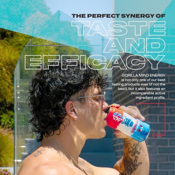 Gorilla Mind Energy Drink | Unmatched Energy · Amplified Focus | N-Acetyl-L-Tyrosine, Alpha-GPC, 200mg Caffeine, Uridine, Saffron | 0 Sugar Or Artificial Colors | 16oz, 12-Pack (White Gummy Bear)